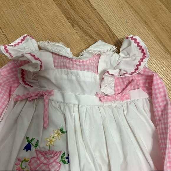 Vintage Smocked Embroidered Dress 12 mos Floral Pink Gingham Long Sleeve - Picture 4 of 8